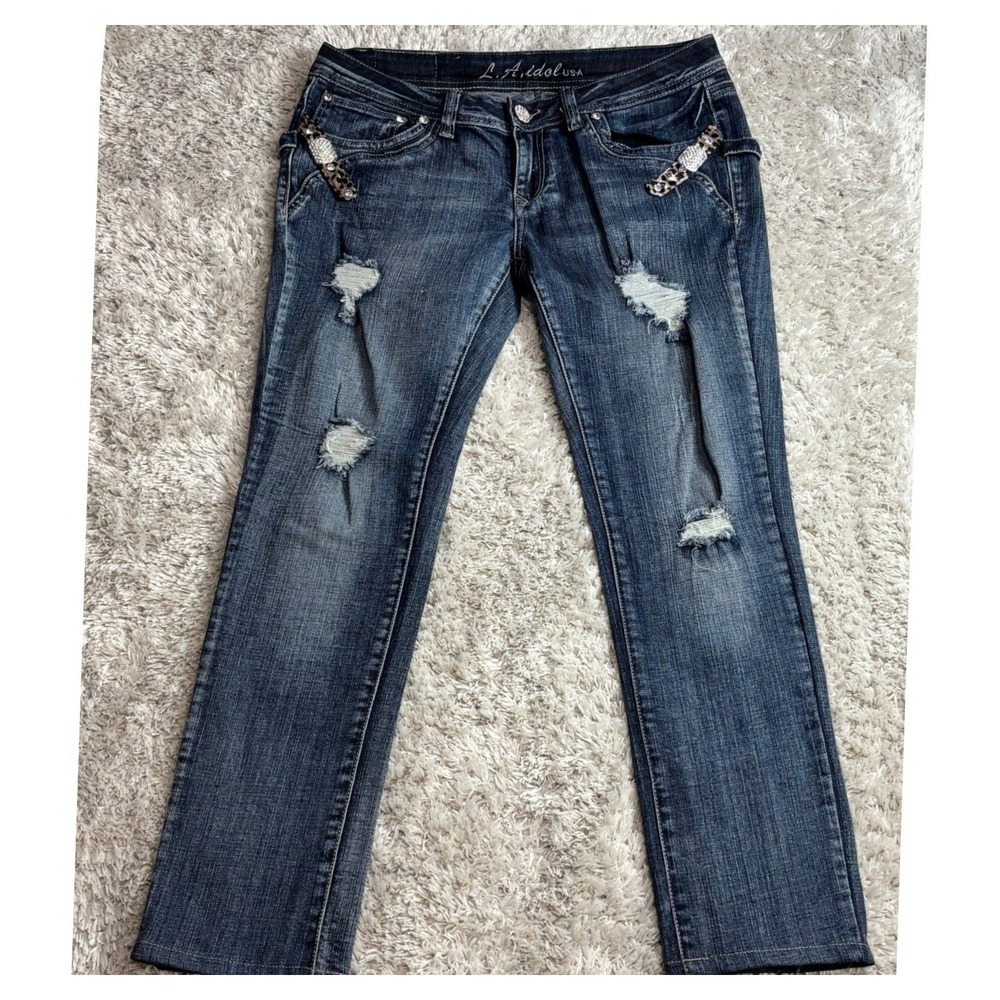 LA Idol USA Womens Size 13 Distressed Leopard Rhinestone Embellished Jeans Y2K
